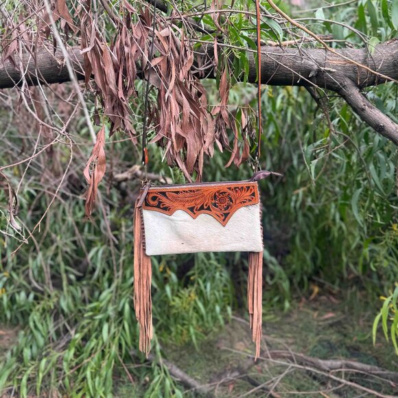 Genuine Leather Hair-on Tooled Bag Women's Western Handbag with Fringes - Picture 4 of 7